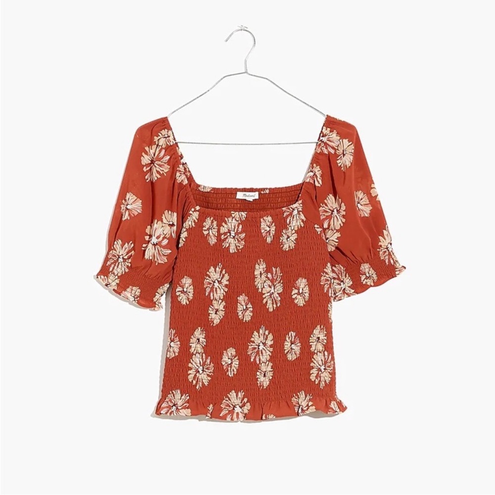 Madewell Georgette Lucie Puff-Sleeve Smocked Bodice Top in Moody Blooms Size M